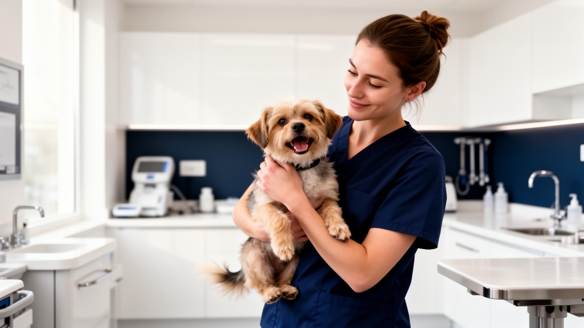 Veterinária acolhendo um pet em ambiente clínico moderno